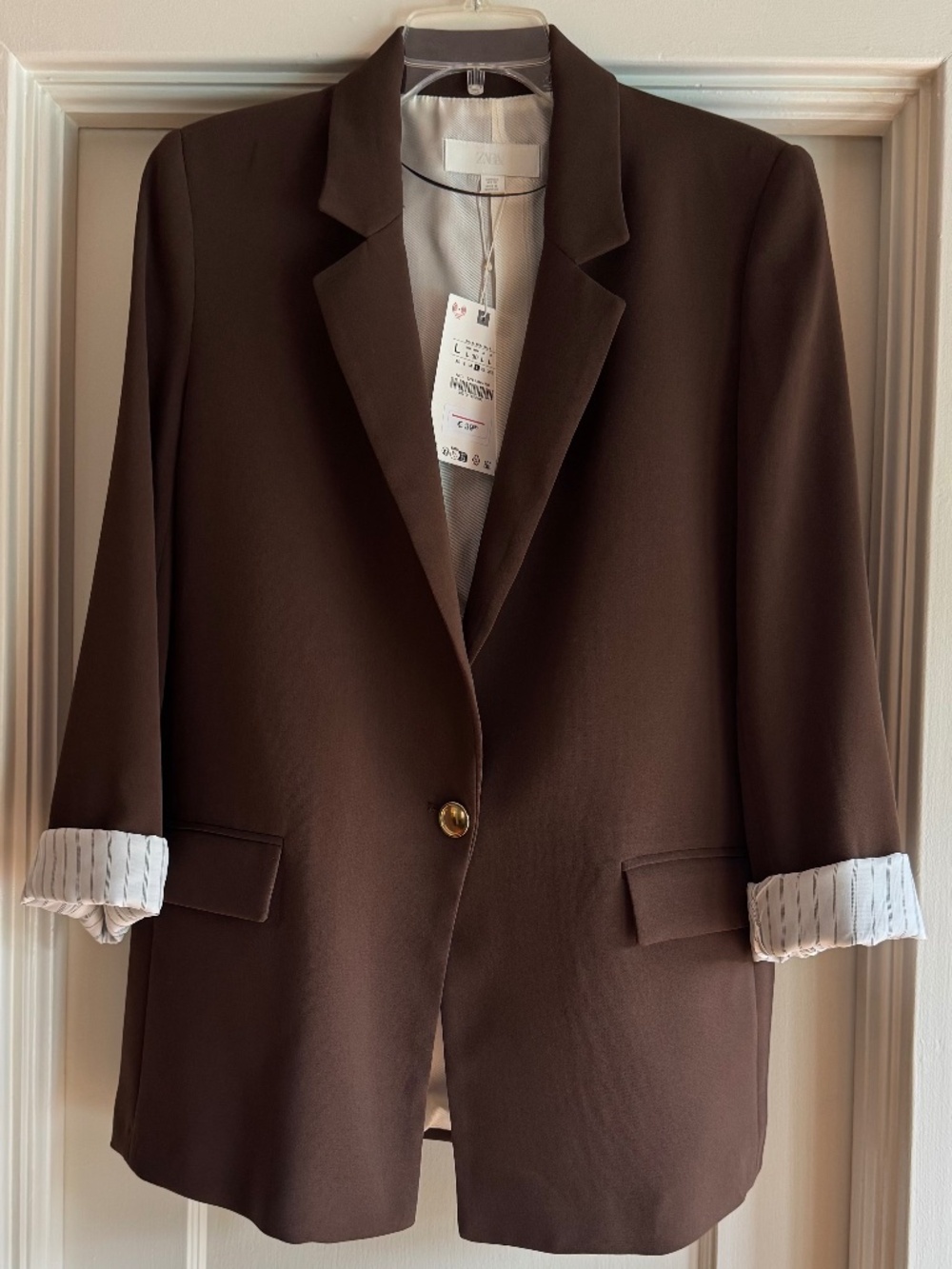 NWT Zara Brown Roll Up Sleeve Printed Cuff Blazer. Size L